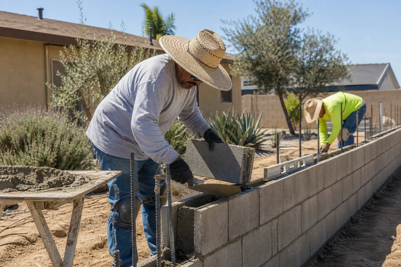 Mason laying a block course with a trowel, checking it with a level &mdash; Good Hope, CA