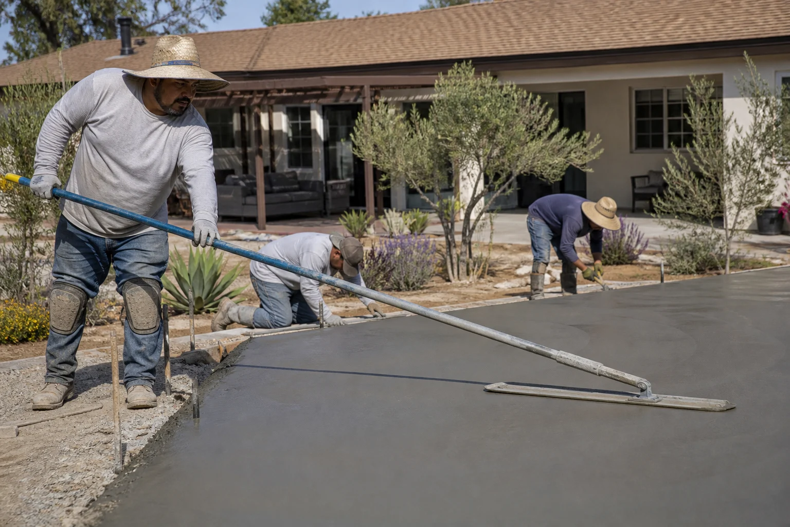 Worker running a bull float across a fresh concrete slab &mdash; Cherry Valley, CA