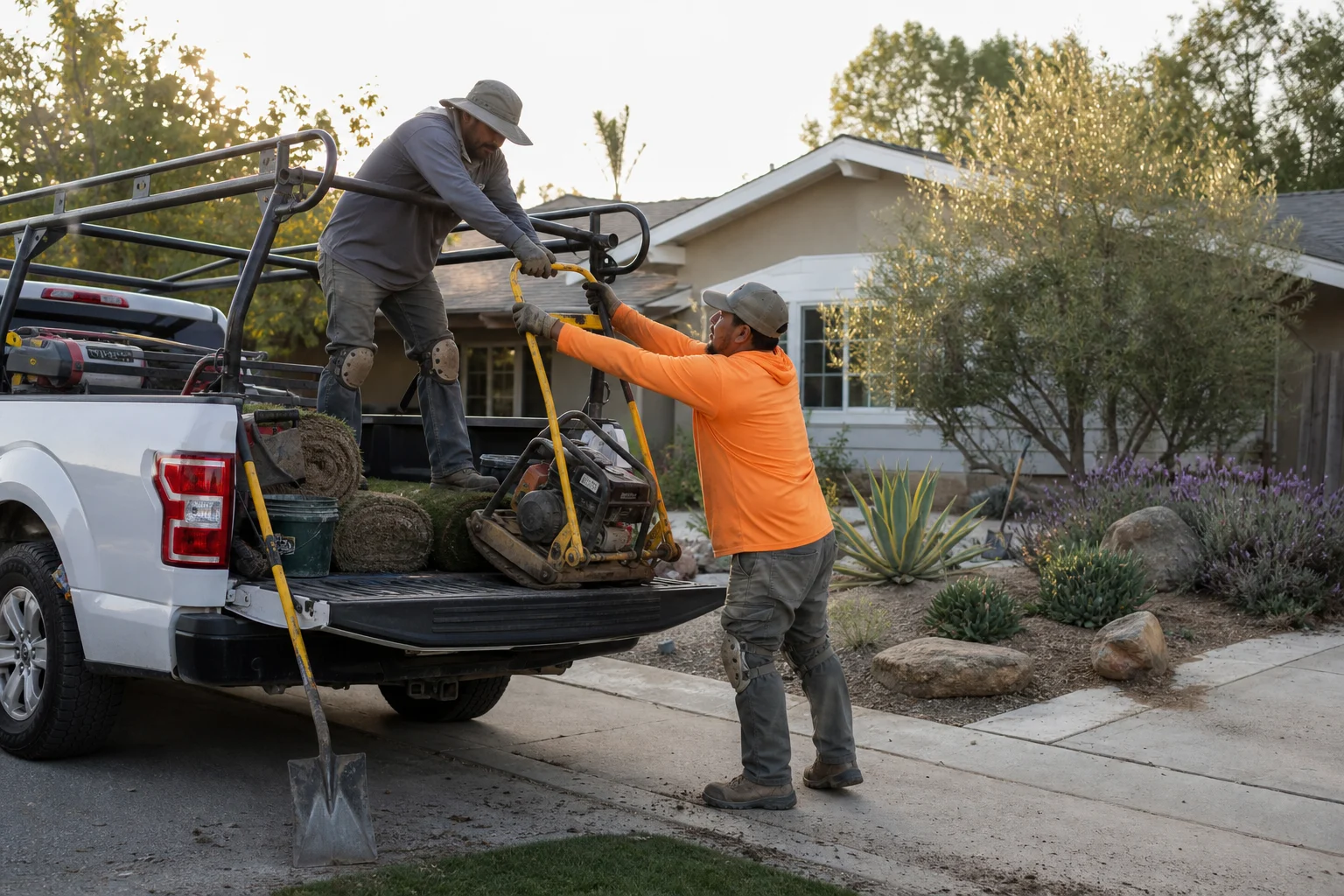 Two-person crew unloading tools from a work truck in a residential driveway &mdash; Mead Valley, CA