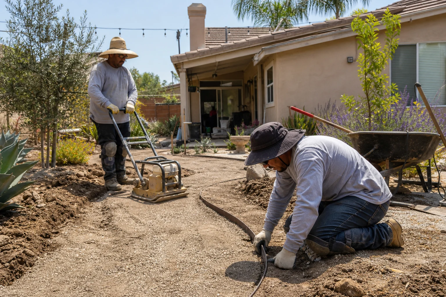 Two-person crew working together on a job, whole-yard context &mdash; Mentone, CA