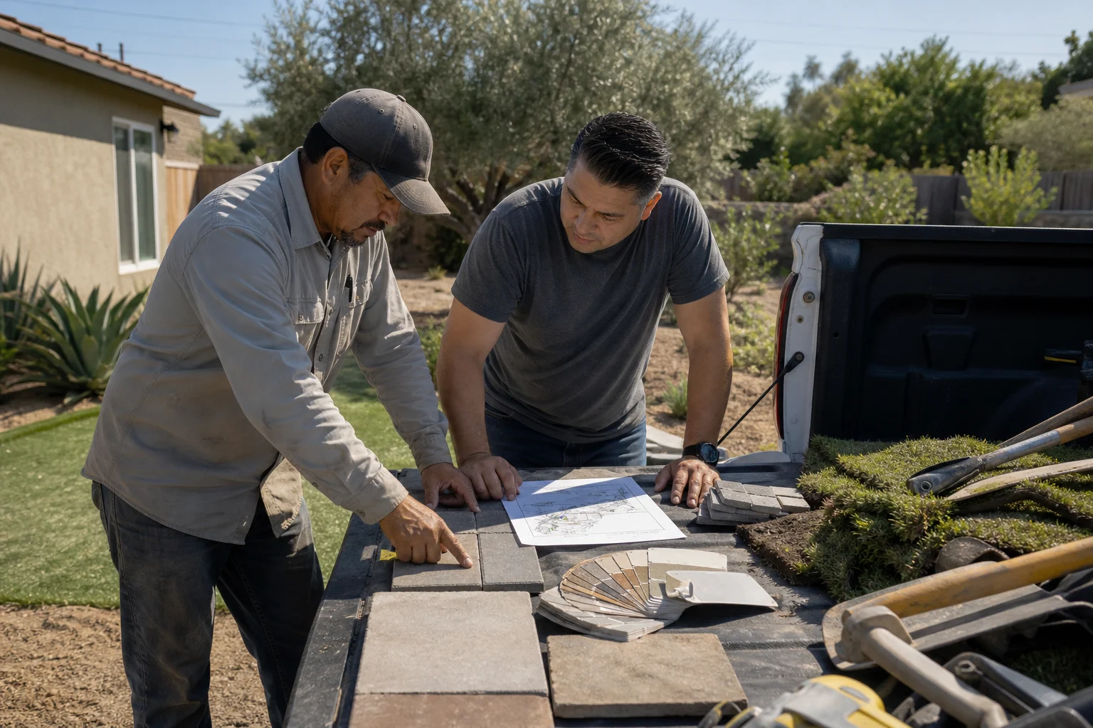 Owner and homeowner at a truck tailgate looking over paver and material samples &mdash; Calimesa, CA