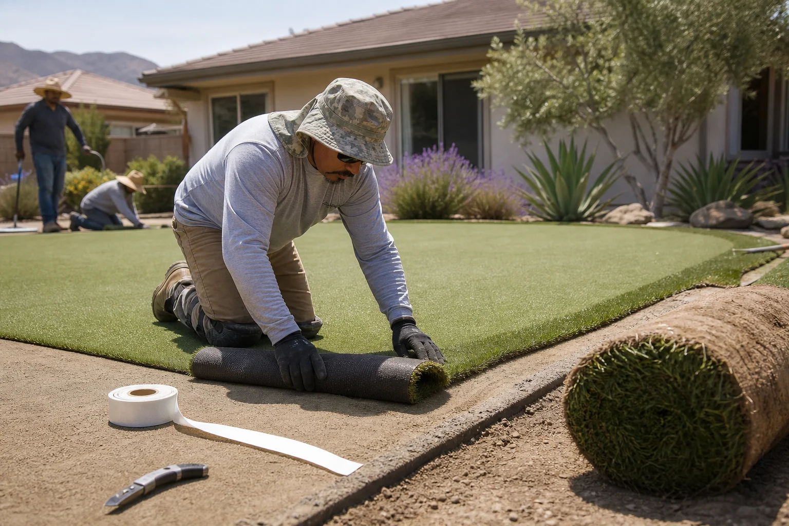 Worker rolling out short putting turf over a laser-graded base &mdash; Woodcrest, CA