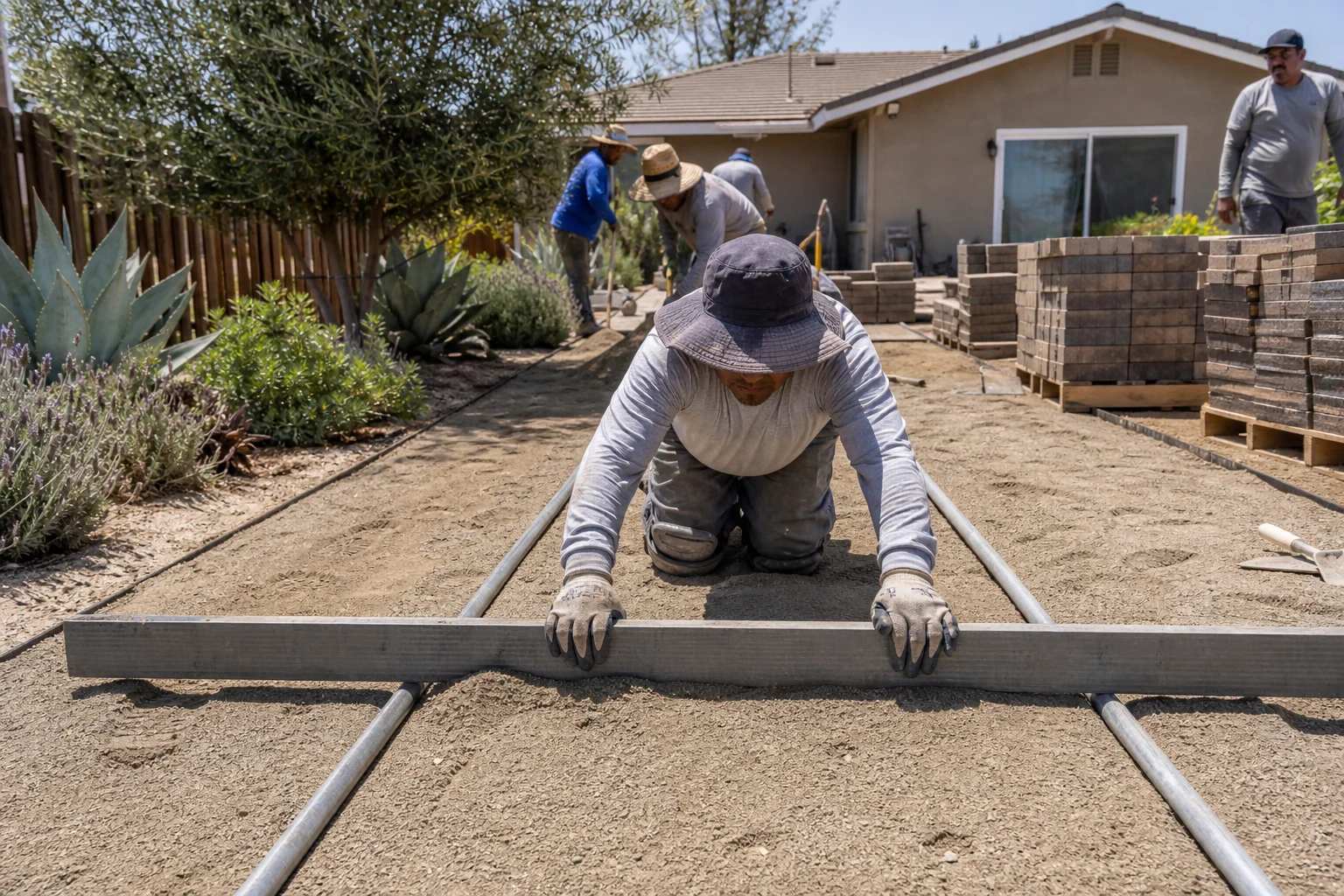 Worker screeding a sand bedding layer with a board riding on two rails &mdash; Valle Vista, CA