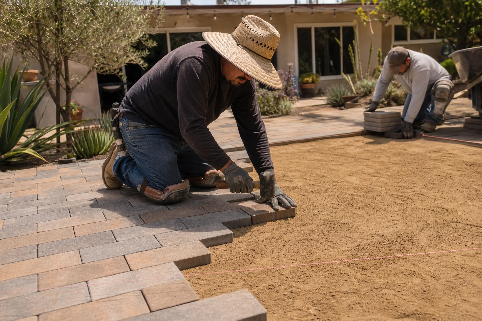 Worker setting pavers to a string line, tapping level with a rubber mallet &mdash; East Hemet, CA