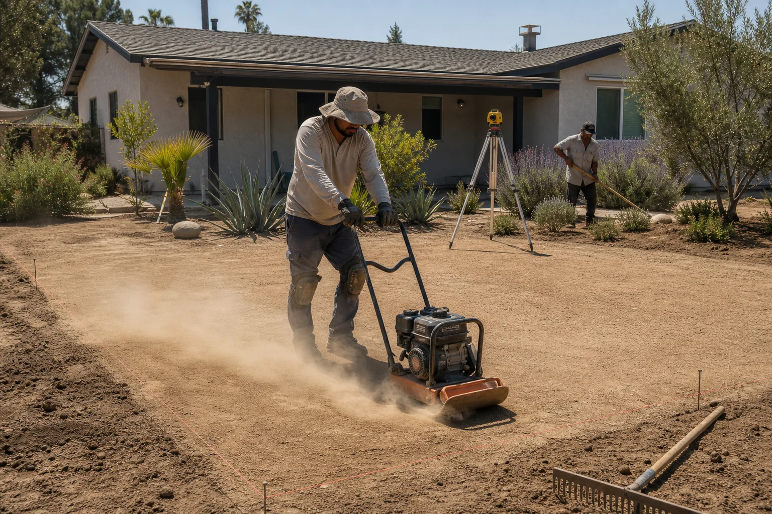 Worker plate-compacting a decomposed-granite base, string lines set — Canyon Lake, CA