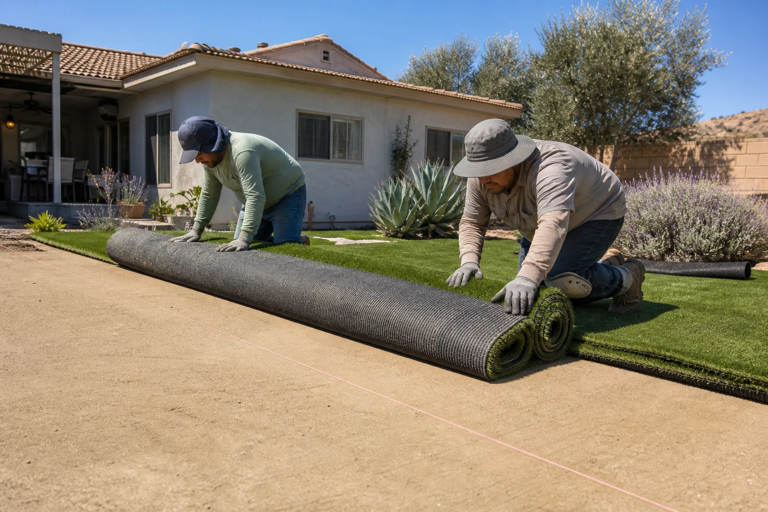 Two-person crew unrolling a roll of turf across a graded base &mdash; Temescal Valley, CA