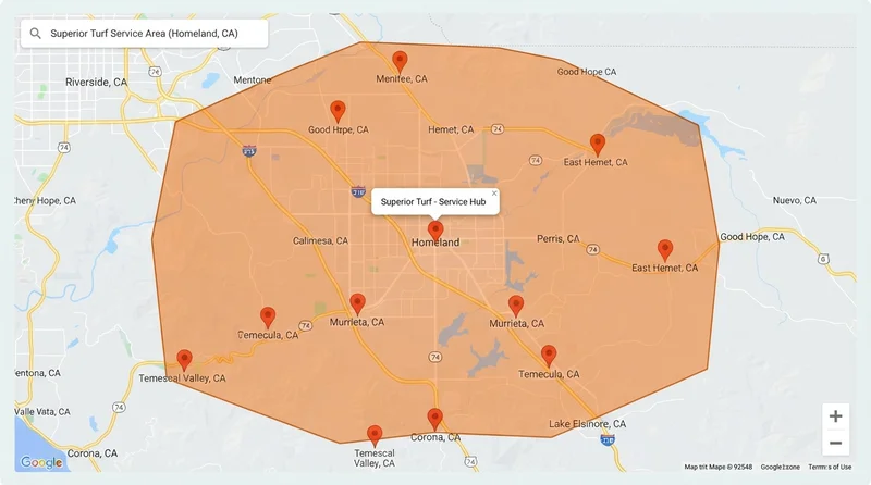 Service Area Map for Superior Turf in Homeland